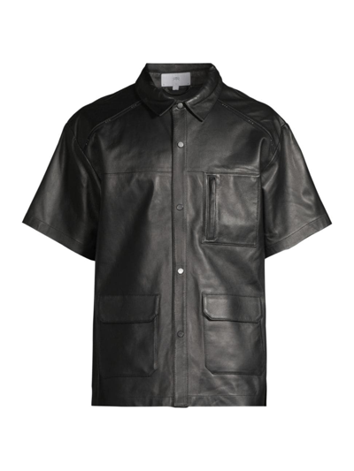Shop Rta Men's Leather Short-sleeve Utility Shirt In Black