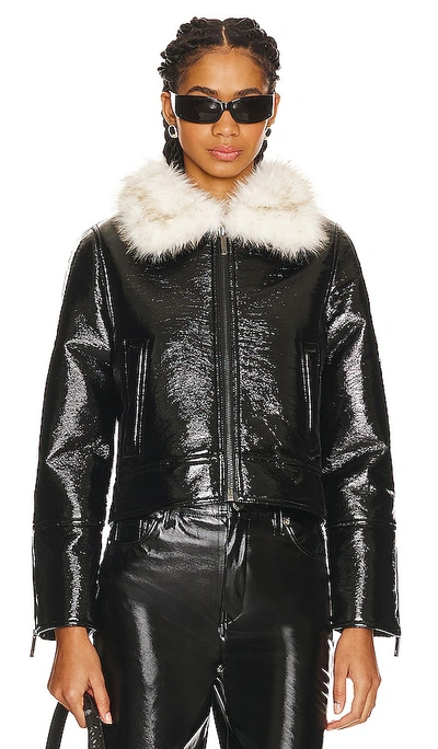 Shop Unreal Fur Wet Look Aviator Jacket In Black
