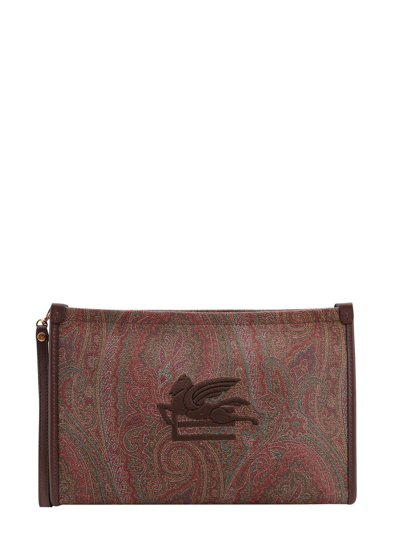 Shop Etro Paisley Printed Zipped Clutch Bag In Brown