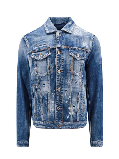 Shop Dsquared2 Dan Distressed Buttoned Denim Jacket In Blue