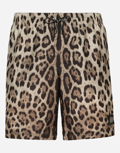 Shop Dolce & Gabbana Mid-length Swim Trunks With Leopard Print In Animal Print