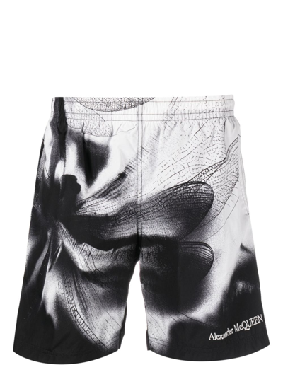 Shop Alexander Mcqueen Dragonfly Print Swim Shorts In Black
