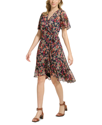 Shop Calvin Klein Women's Printed Chiffon V-neck Dress In Navy Tango Multi