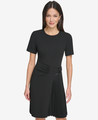 Shop Dkny Women's Pleat-front Round-neck Short-sleeve Dress In Black