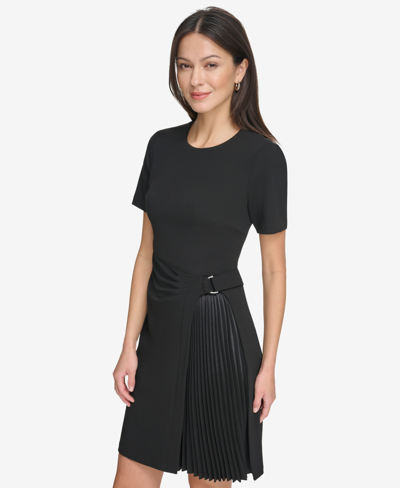Shop Dkny Women's Pleat-front Round-neck Short-sleeve Dress In Black