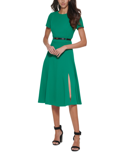Shop Calvin Klein Women's Short-sleeve Belted Midi Dress In Meadow