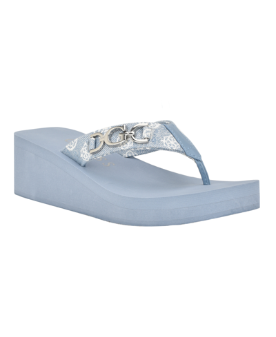 Shop Guess Women's Edany Wedges With Hardware And Fabric Thong In Medium Blue