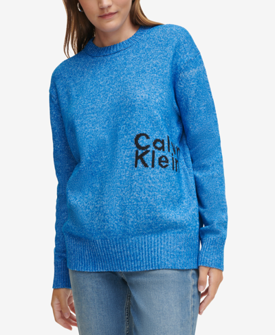 Shop Calvin Klein Jeans Est.1978 Women's Intarsia Logo Oversized Crewneck Sweater In Lapis Blue,black