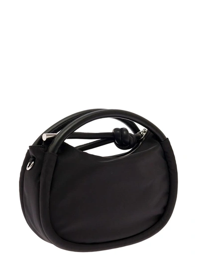 Shop Ganni 'knot Mini' Black Shoulder Bag With Logo And Knot Detail In Recycled Fabric And Leather Woman