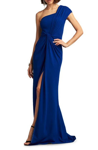 Shop Tadashi Shoji Knotted One-shoulder Evening Gown In Mystic Blue