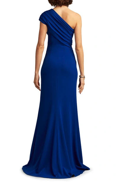 Shop Tadashi Shoji Knotted One-shoulder Evening Gown In Mystic Blue