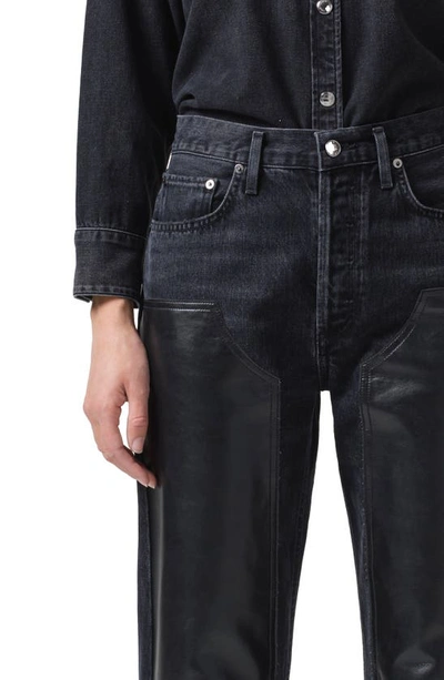 Shop Agolde Ryder High Waist Organic Cotton Straight Leg Jeans With Recycled Leather Blend Panel In Ink/ Detox