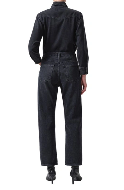 Shop Agolde Ryder High Waist Organic Cotton Straight Leg Jeans With Recycled Leather Blend Panel In Ink/ Detox