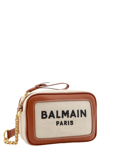 Shop Balmain Canvas And Leather Shoulder Bag With Embroidered Logo