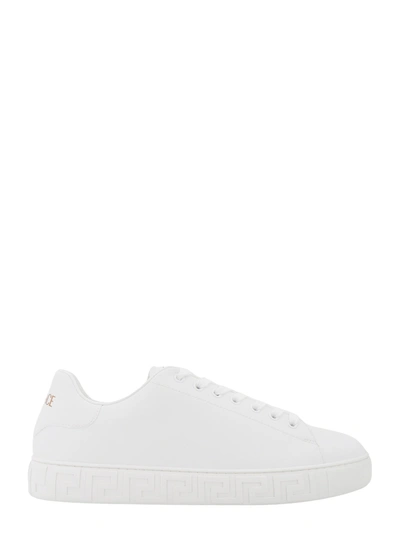 Shop Versace Leather Sneakers With La Greca Detail