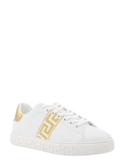 Shop Versace Leather Sneakers With Embroidered La Greca Motif