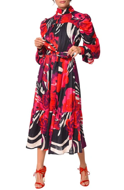 Shop Ciebon Adele Floral Print Long Sleeve Midi Dress In Red Multi
