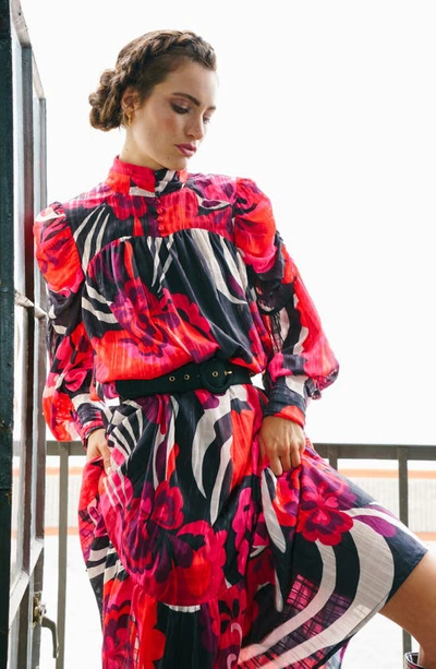 Shop Ciebon Adele Floral Print Long Sleeve Midi Dress In Red Multi