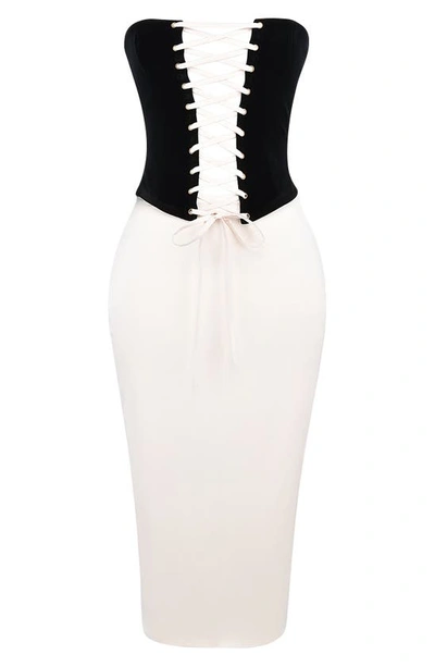 House Of Cb Jaina Strapless Dress In Black Camel