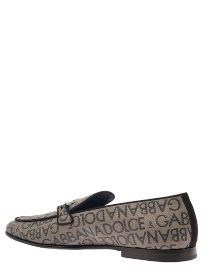 Shop Dolce & Gabbana 'ariosto' Beige Loafers With Logo Plaque In Coated Canvas Man