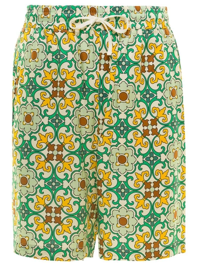 Shop Drôle De Monsieur Multicolor Shorts Faïence With Graphic Print All-over In Viscose Man In Green