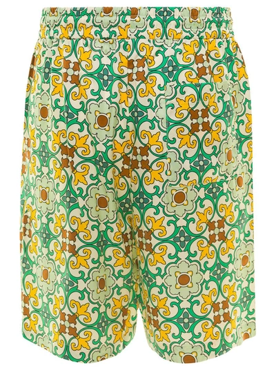 Shop Drôle De Monsieur Multicolor Shorts Faïence With Graphic Print All-over In Viscose Man In Green