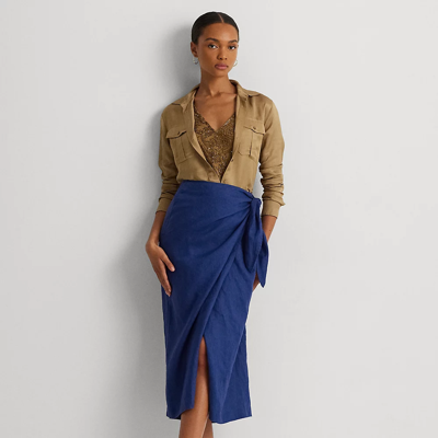 Shop Lauren Ralph Lauren Linen Wrap Midi Skirt In Indigo Sail
