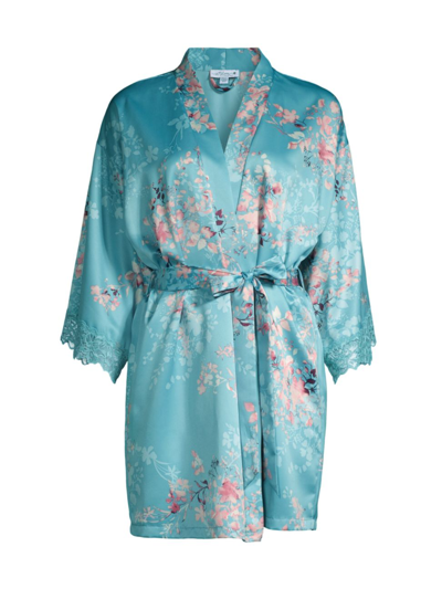 Shop In Bloom Women's Fernwood Floral Satin Robe In Adriatic Blue