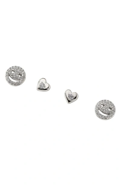 Shop Ajoa Small Fortune Set Of 2 Smiley & Heart Cz Stud Earrings In Rhodium