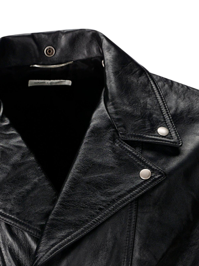 Shop Saint Laurent Crinkled-effect Biker Leather Jacket