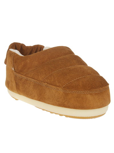 Moon Boot Suede Stitched Round Sole Slippers In Leather