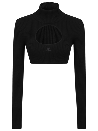 Shop Courrèges Circle Mockneck Rib Knit Cropped Sweater In Black