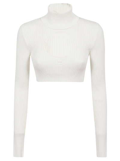 Shop Courrèges Circle Mockneck Rib Knit Cropped Sweater In Heritage White