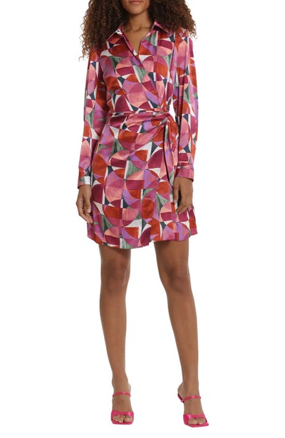 Shop Donna Morgan For Maggy Geo Print Long Sleeve Wrap Shirtdress In Sw/ Raspbry