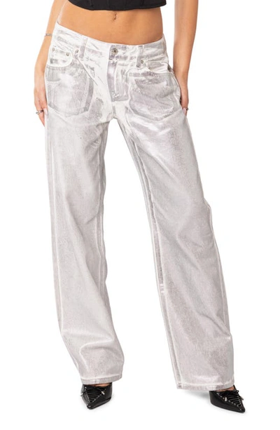 Shop Edikted Jolene Metallic Straight Leg Jeans In Silver