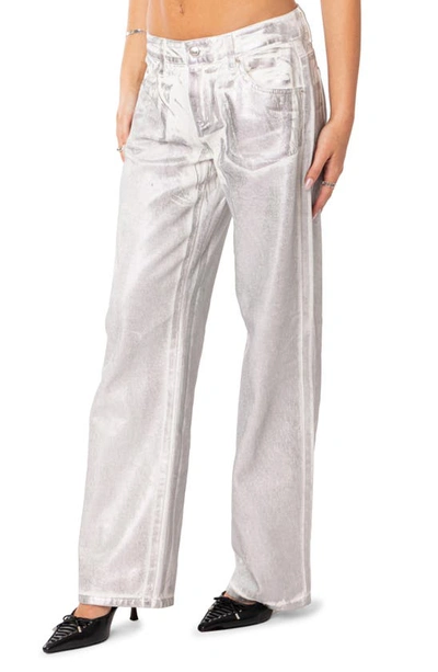 Shop Edikted Jolene Metallic Straight Leg Jeans In Silver