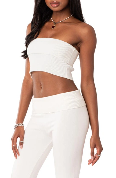 Edikted Desiree Foldover Strapless Rib Knit Crop Top In White