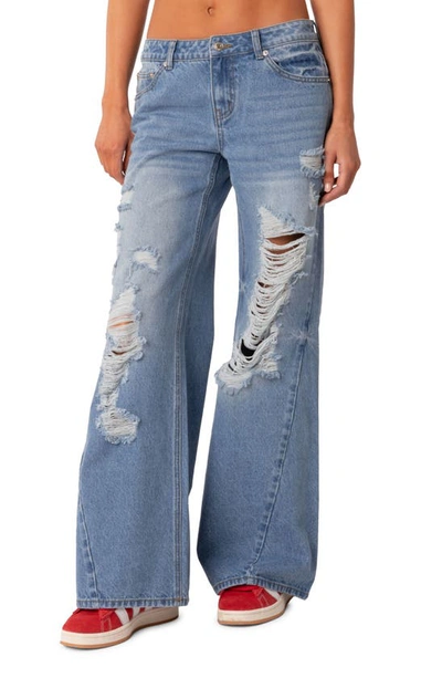 Shop Edikted Distressed Wide Leg Jeans In Blue