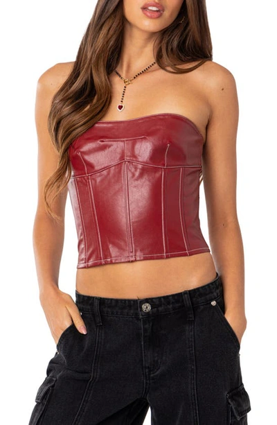 Shop Edikted Moss Lace-up Strapless Faux Leather Corset Top In Burgundy