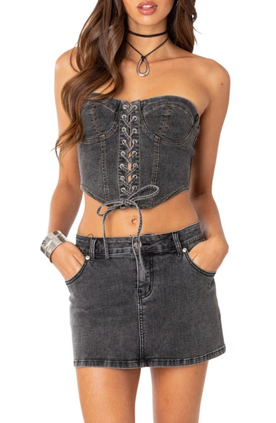 Shop Edikted Waverly Strapless Lace-up Denim Corset Crop Top In Black-washed