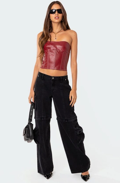 Shop Edikted Moss Lace-up Strapless Faux Leather Corset Top In Burgundy