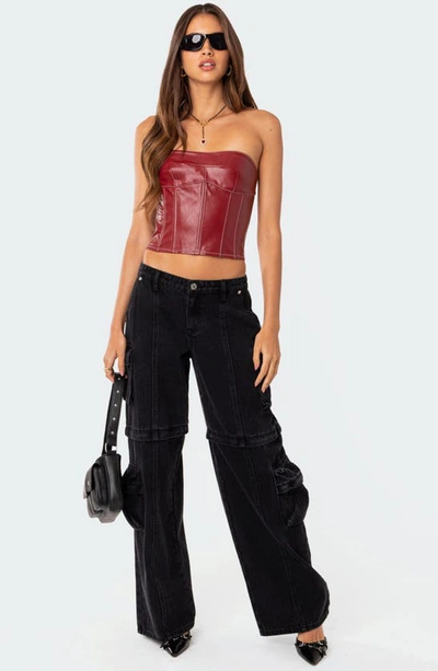 Edikted Moss Lace-up Strapless Faux Leather Corset Top In Burgundy