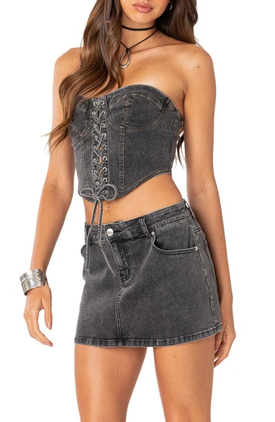Shop Edikted Waverly Strapless Lace-up Denim Corset Crop Top In Black-washed