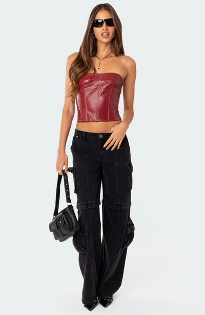 Shop Edikted Moss Lace-up Strapless Faux Leather Corset Top In Burgundy