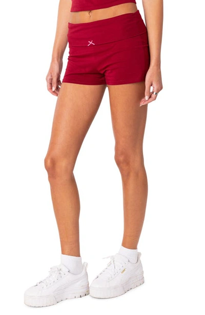 Shop Edikted Too Sexy Foldover Stretch Cotton Shorts In Burgundy