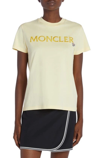 Shop Moncler Embroidered Logo Cotton Crewneck T-shirt In Yellow