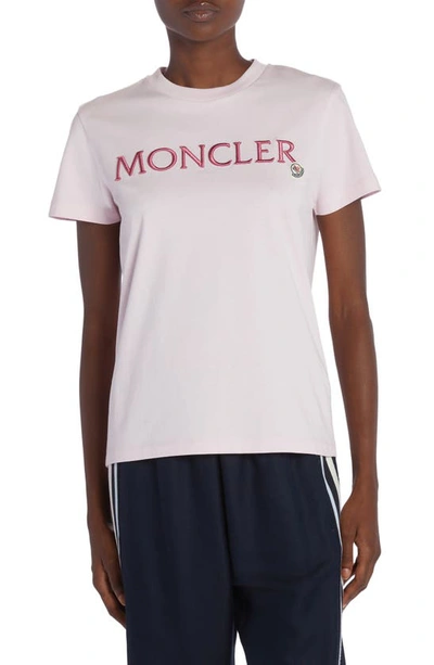 Shop Moncler Embroidered Logo Cotton Crewneck T-shirt In Pink