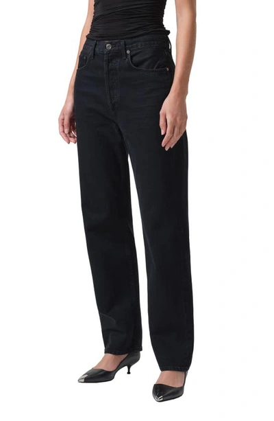 Agolde Black 90s Pinch Waist High Rise Straight Jeans In Crushed