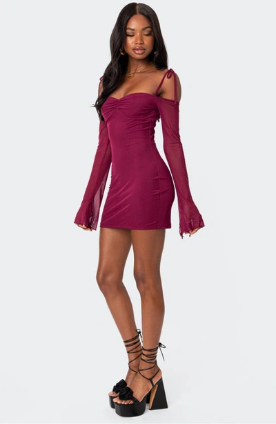 Edikted Ariel Cold Shoulder Long Sleeve Mesh Minidress In Burgundy