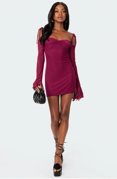 Edikted Ariel Cold Shoulder Long Sleeve Mesh Minidress In Burgundy